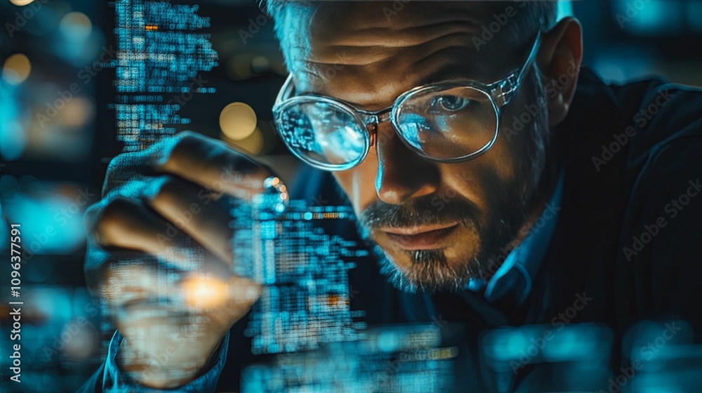 Man intensely reviewing lines of computer code at night Man intensely reviewing lines of computer code at night