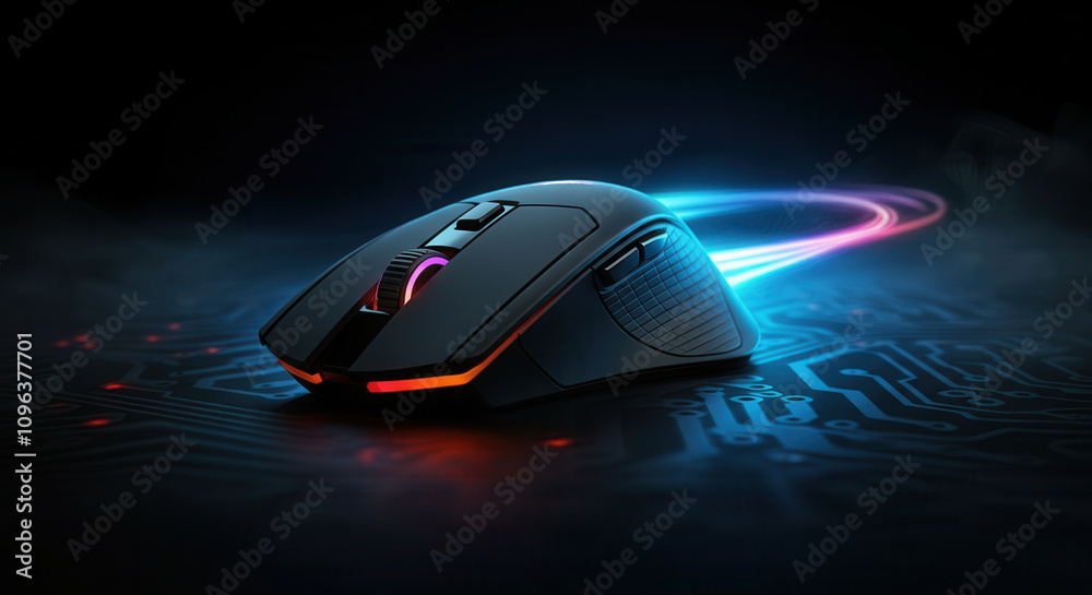 Futuristic gaming mouse with neon backlight on dark background Futuristic gaming mouse with neon backlight on dark background