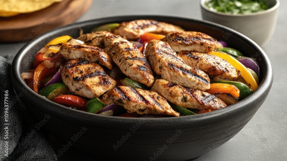 Grilled chicken fajitas with vibrant mixed vegetables served in a deep black bowl, showcasing smoky flavor and colorful presentation.