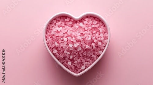Heart-shaped container overflowing with delicate pink bath salts, set against a soft pink backdrop, offering a soothing and romantic aesthetic.