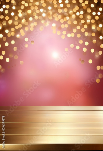 blurred pink background with empty table and golden bokeh lights