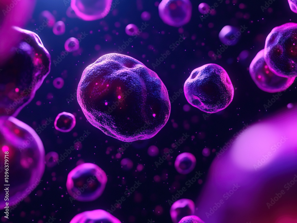 Naklejka premium A vibrant depiction of microscopic cells floating in a dark space, showcasing intricate details and a luminous purple hue.