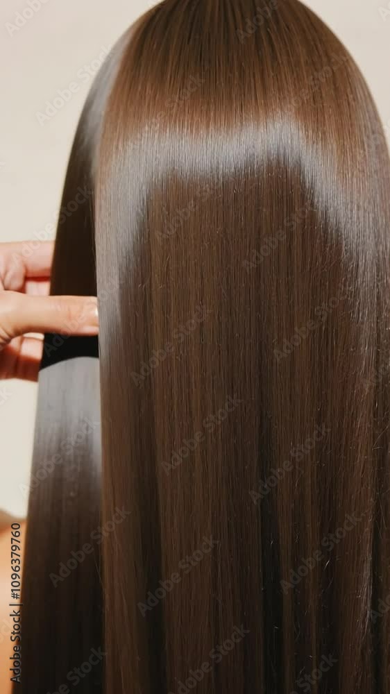 Hairdresser touching long brown hair on beige background