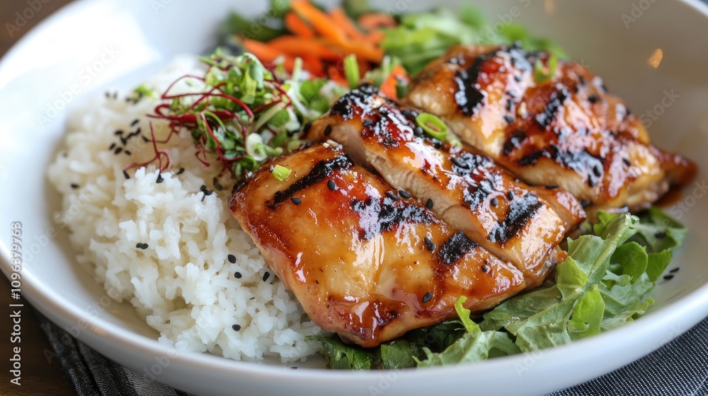 Grilled honey mustard glazed chicken thighs served with rice and fresh vegetables garnished with herbs for a flavorful and enticing meal. Grilled honey mustard glazed chicken thighs served with rice and fresh vegetables garnished with herbs for a flavorful and enticing meal.