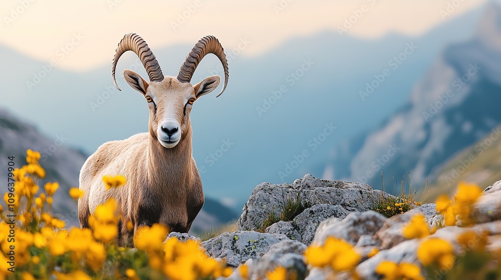 Majestic wild mountain goat amongst yellow wildflowers, rocky mountain background. Majestic wild mountain goat amongst yellow wildflowers, rocky mountain background.