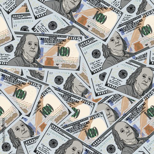 One hundred Dollar bills seamless pattern background. United States of America money. World economy. Modern business concept. Financial success. Vector pattern for printing