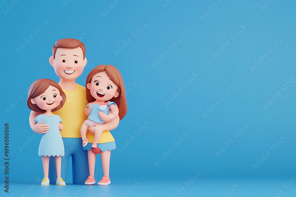 A cheerful family illustration featuring a father and two daughters against a blue background. A cheerful family illustration featuring a father and two daughters against a blue background.