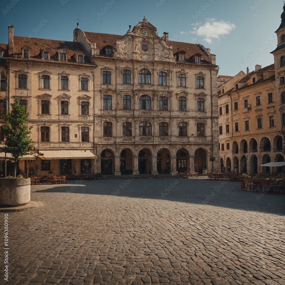 Obraz premium An old European town square surrounded by historic architecture.