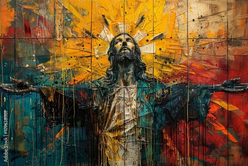 Wallpaper Mural Vibrant depiction of a figure with outstretched arms against a colorful abstract background Torontodigital.ca