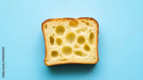 Textured slice of light bread with large air holes displayed on a vibrant blue background, highlighting its airy and fluffy quality. photo