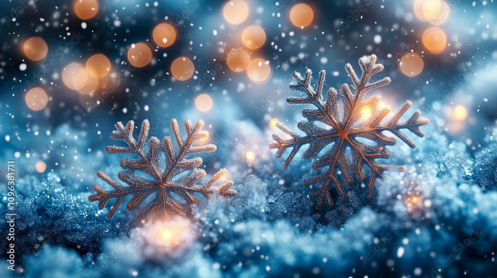 An elegant Christmas banner illustration featuring detailed snowflakes and subtle glowing lights. An elegant Christmas banner illustration featuring detailed snowflakes and subtle glowing lights.