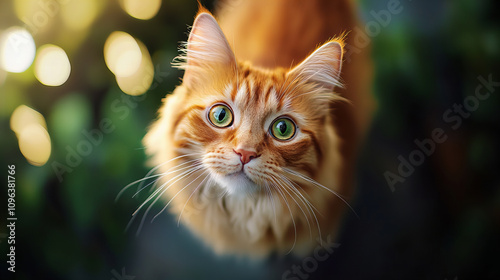 Charming Banner Featuring Curious Cat with Large Eyes Gazing Intently Amidst Bright Leaves and Warm Glow Serenity photo