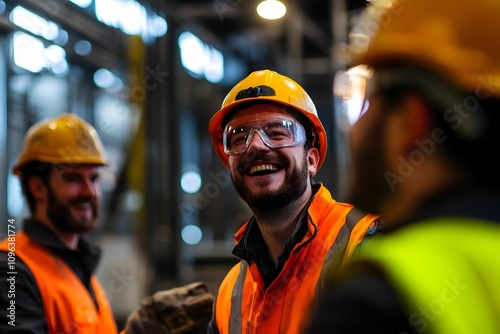 Construction workers engage in a light-hearted conversation at site