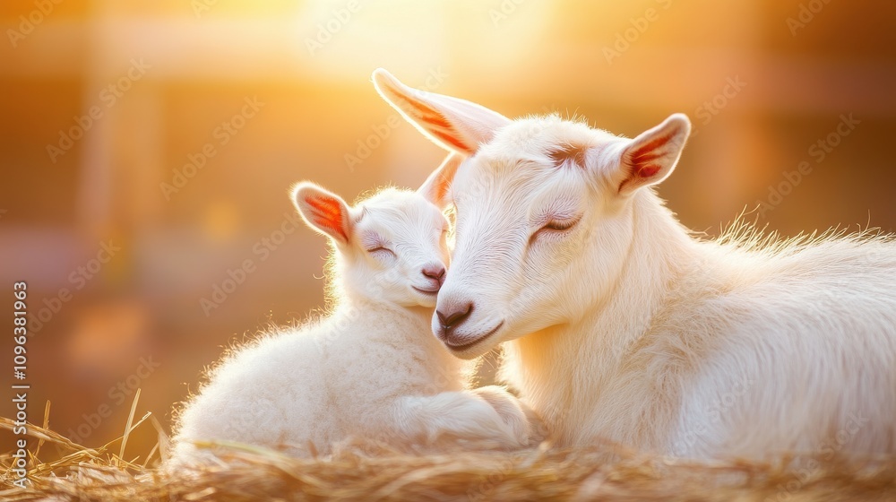 Mother Goat and Kid Nuzzling in Warm Barn Light Mother Goat and Kid Nuzzling in Warm Barn Light