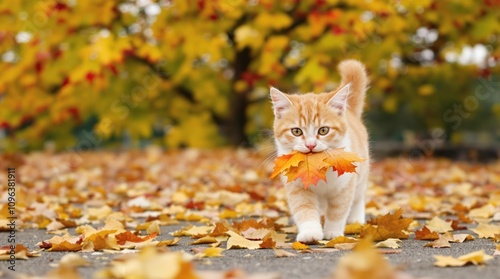 Cute cat walks holding an autumn leaf in its mouth, surrounded by leaves on the ground