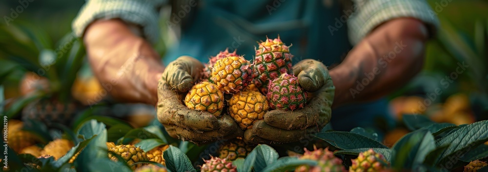 Close-up of Farmer's Hands Holding a Harvest of Pineapples Close-up of Farmer's Hands Holding a Harvest of Pineapples
