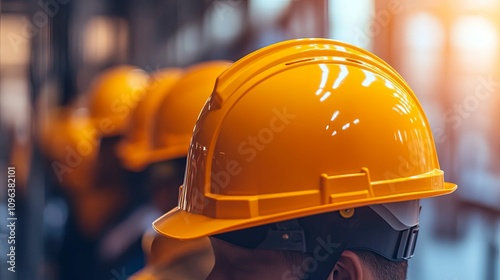 Yellow Hard Hats Worn By Construction Workers photo