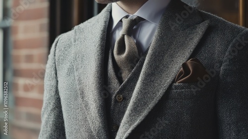 Man wearing a vintage gray tweed suit with a stylish handkerchief and tie, emphasizing classic fashion elements and refined style.