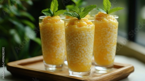 Mango sago pudding in tall glasses garnished with fresh mint leaves, beautifully presented on a wooden tray, showcasing a vibrant tropical dessert. photo