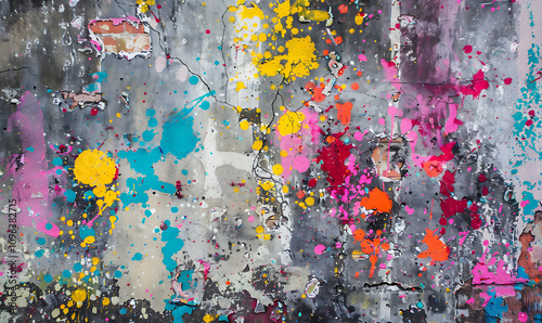 A raw and textured concrete wall with dynamic, colorful paint splashes, evoking a sense of street art and urban energy