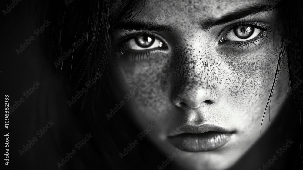 Melancholic teenage girl with captivating striking eyes and freckles gazing intensely into the camera in a dramatic black and white portrait. Melancholic teenage girl with captivating striking eyes and freckles gazing intensely into the camera in a dramatic black and white portrait.