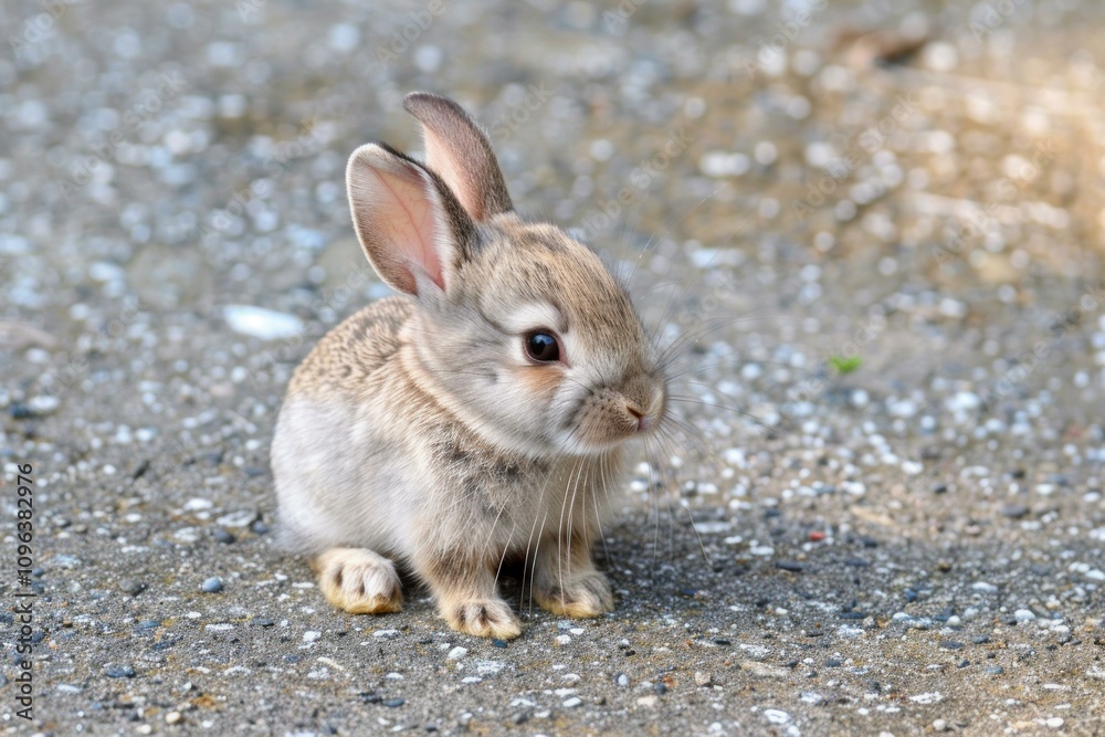 Adorable baby rabbit enjoying the sunlight on a gravel surface Adorable baby rabbit enjoying the sunlight on a gravel surface