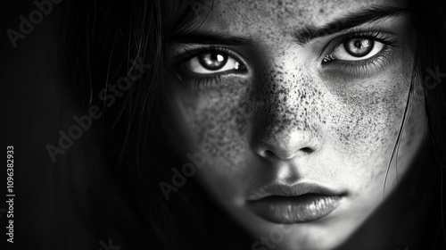 Melancholic teenage girl with captivating striking eyes and freckles gazing intensely into the camera in a dramatic black and white portrait.