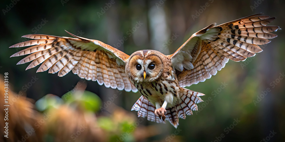 Fototapeta premium An owl glides gracefully through the air, showcasing its intricate feather patterns against a blurred forest backdrop during twilight hours, embodying the serenity of nature