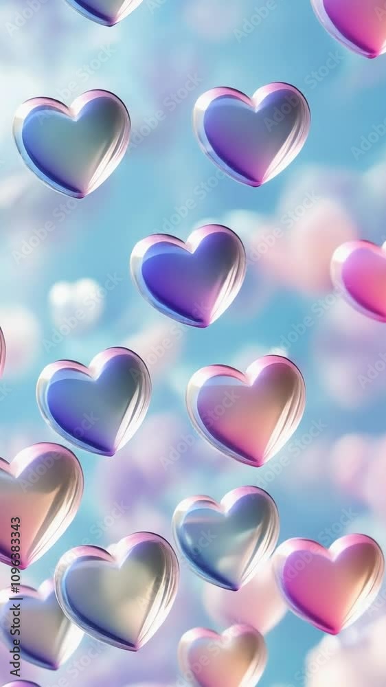Many iridescent hearts floating in a blue sky Many iridescent hearts floating in a blue sky