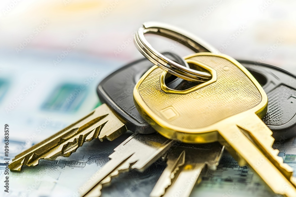 Keys resting on a surface with bright background details Keys resting on a surface with bright background details