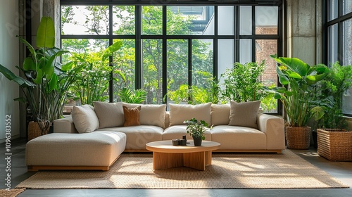 Modern Living Room With Beige Sofa And Lush Greenery