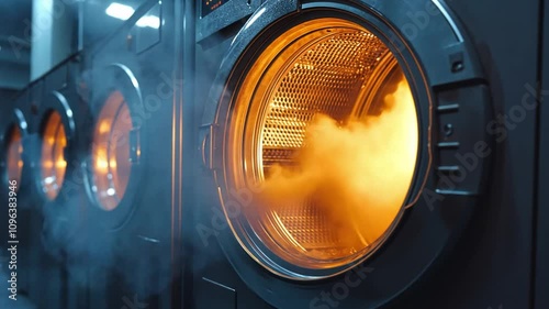 A bustling laundromat features professional dryers releasing steam, creating a cozy atmosphere as customers handle their laundry in the evening.