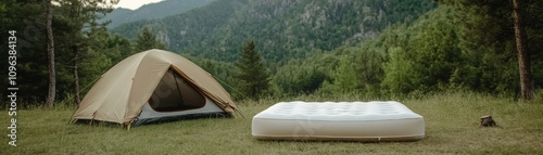 A tent and an inflatable mattress are set up on grassy terrain, surrounded by trees and mountains, creating a serene outdoor camping scene.