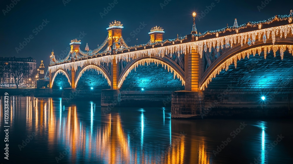 Fototapeta premium Magical City Bridge River Reflection Christmas Lights