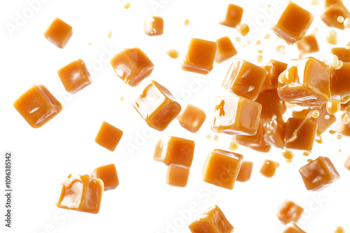 Melted delicious caramel cubes isolated on transparent background photo
