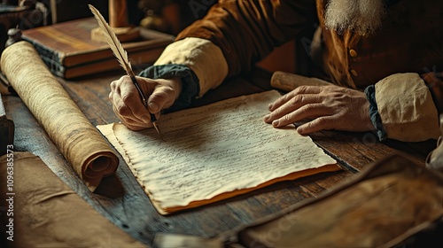 Elderly Man Writes Ancient Script With Quill Pen