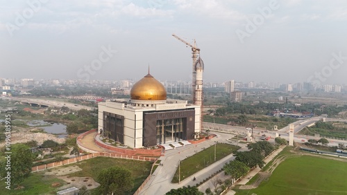 Golden dome mosque in Dhaka Bangladesh, Drone isolated photography 