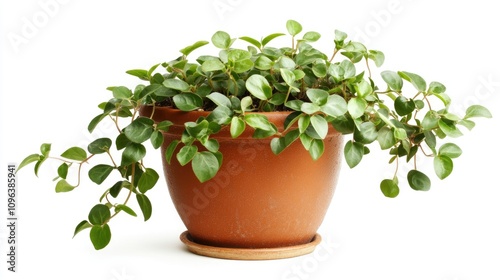 Peperomia houseplant showcasing healthy green leaves and compact growth in a terracotta pot on a neutral background. Ideal for indoor decor and plant enthusiasts. photo