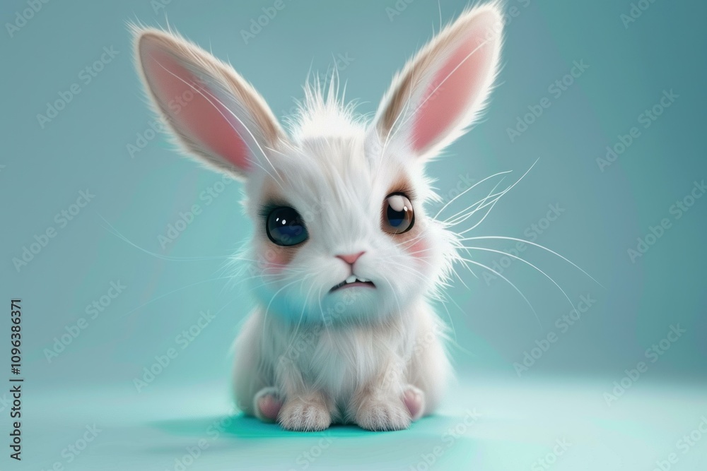 Obraz premium Fluffy white baby bunny rabbit with big eyes is sitting on a light blue surface and looking grumpy