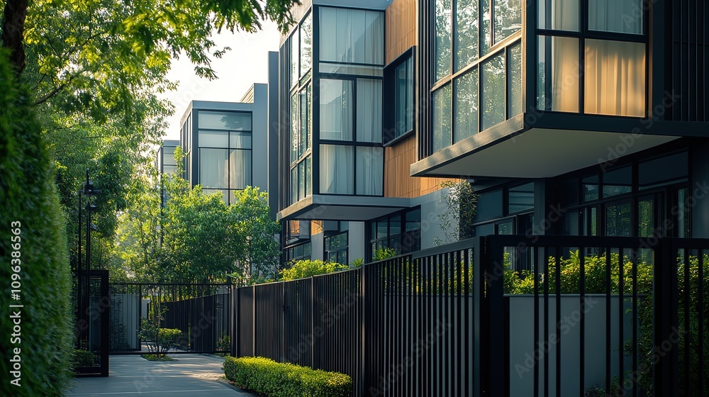 Modern residential complex with glass facades, green landscaping, and black fences.