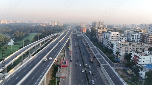Dhaka 300 feet Kuril skyline aerial drone view from above, lake Michigan and city of Bangladesh Capital downtown skyscrapers cityscape bird's view from the city, Beautiful aerial drone city photograph