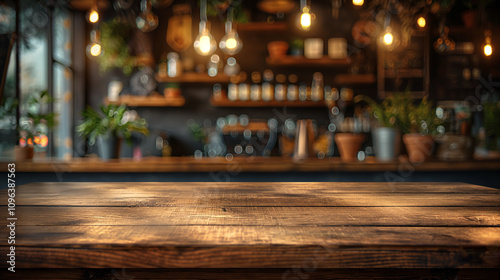 A cozy coffee shop interior with a wooden table, bar counter, and lush greenery. Perfect for food blogs and advertising campaigns.