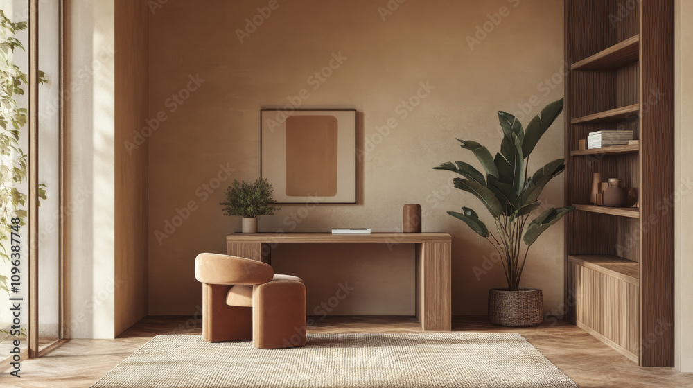 Fototapeta premium A modern home office with a minimalist design, featuring a sleek wooden desk adorned with decorative items and a comfortable chair.