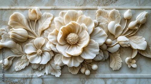 Intricate Marble Carving of Flowers and Leaves