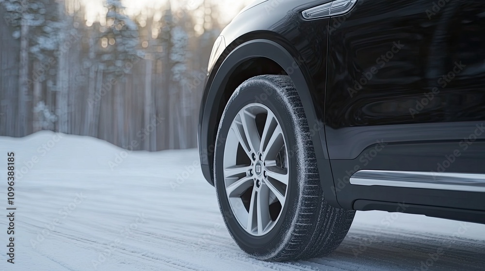 White winter tires grip the snowy road, with soft forest outlines in the background, showcasing a serene, minimalistic winter landscape White winter tires grip the snowy road, with soft forest outlines in the background, showcasing a serene, minimalistic winter landscape