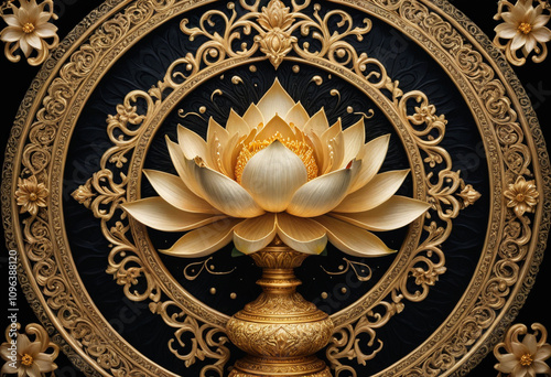 ornate golden vessel flowing water lotus flowers intricate Thai-inspired design black background