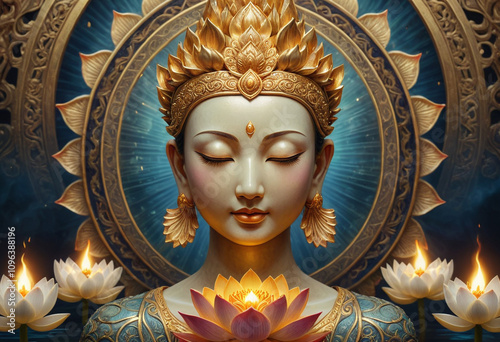 buddha statue ornate golden frame lotus flower flames mystical intricate details metallic textures reflective water spiritual ethereal glow asian art digital painting fantasy vibrant colors