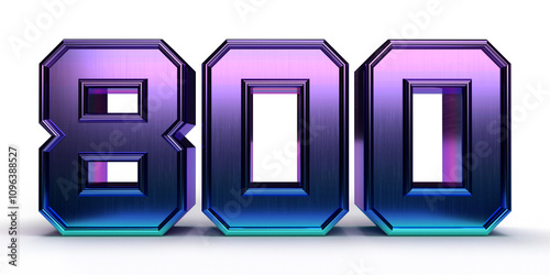 Isolated Number 800 in blue metallic texture on white background, 3D Render Illustration.