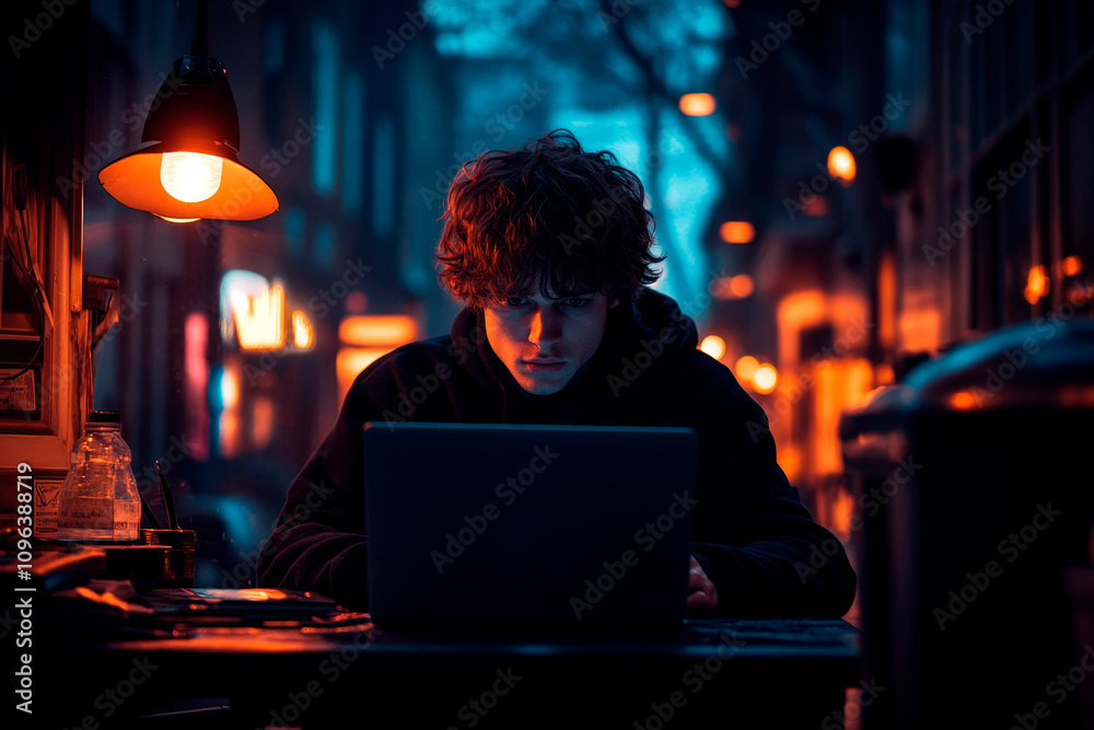 Man Working at a Rustic Kitchen Desk with Urban View and Plants Man Working at a Rustic Kitchen Desk with Urban View and Plants