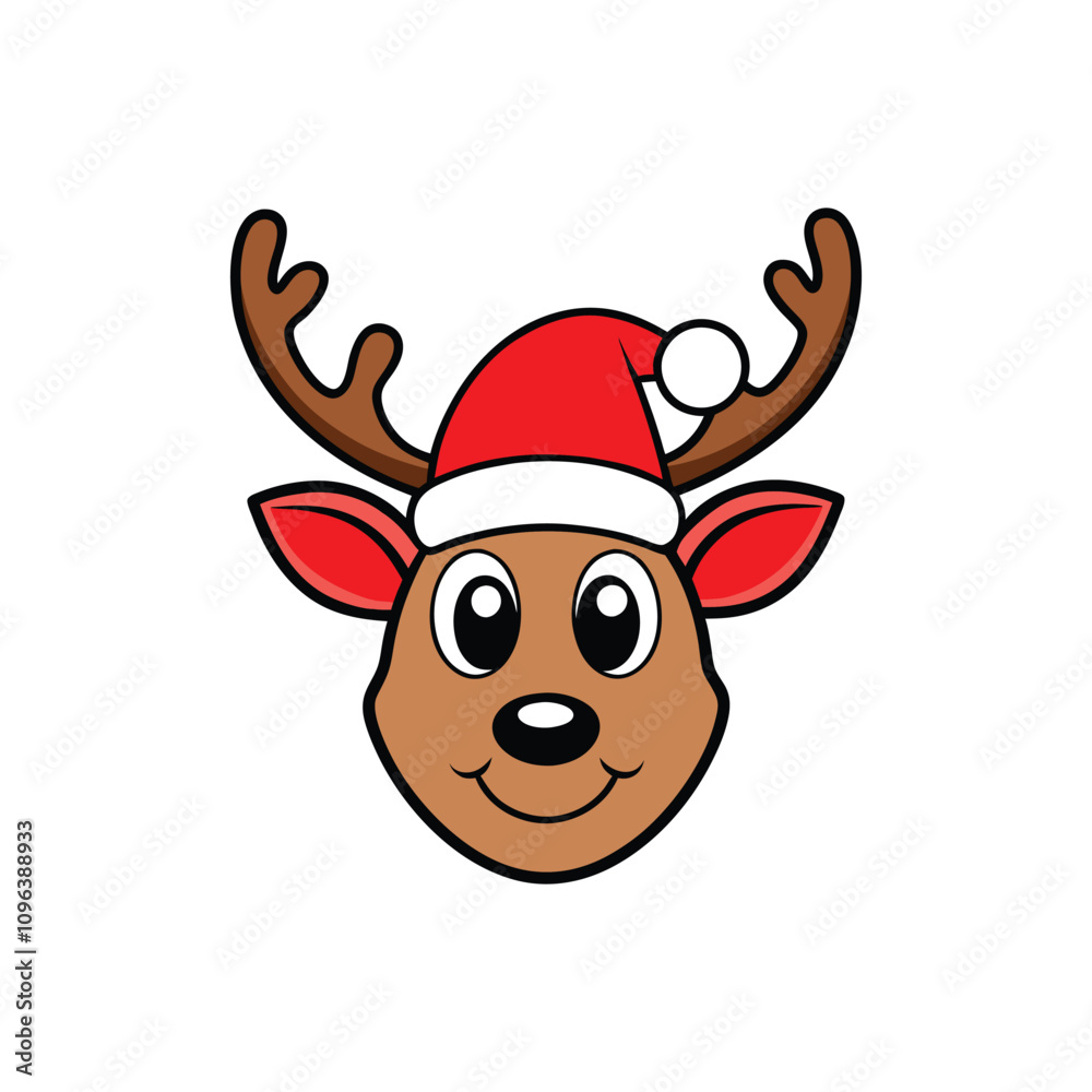 Cute Reindeer Head with Santa hat Vector Festive Cartoon Illustration for Holiday Themes Cute Reindeer Head with Santa hat Vector Festive Cartoon Illustration for Holiday Themes
